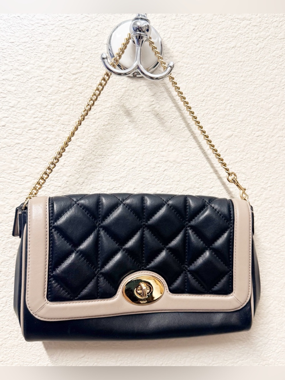 Coach Quilted Ruby Crossbody Black Beige Chain Shoulder Bag Gold Hardware